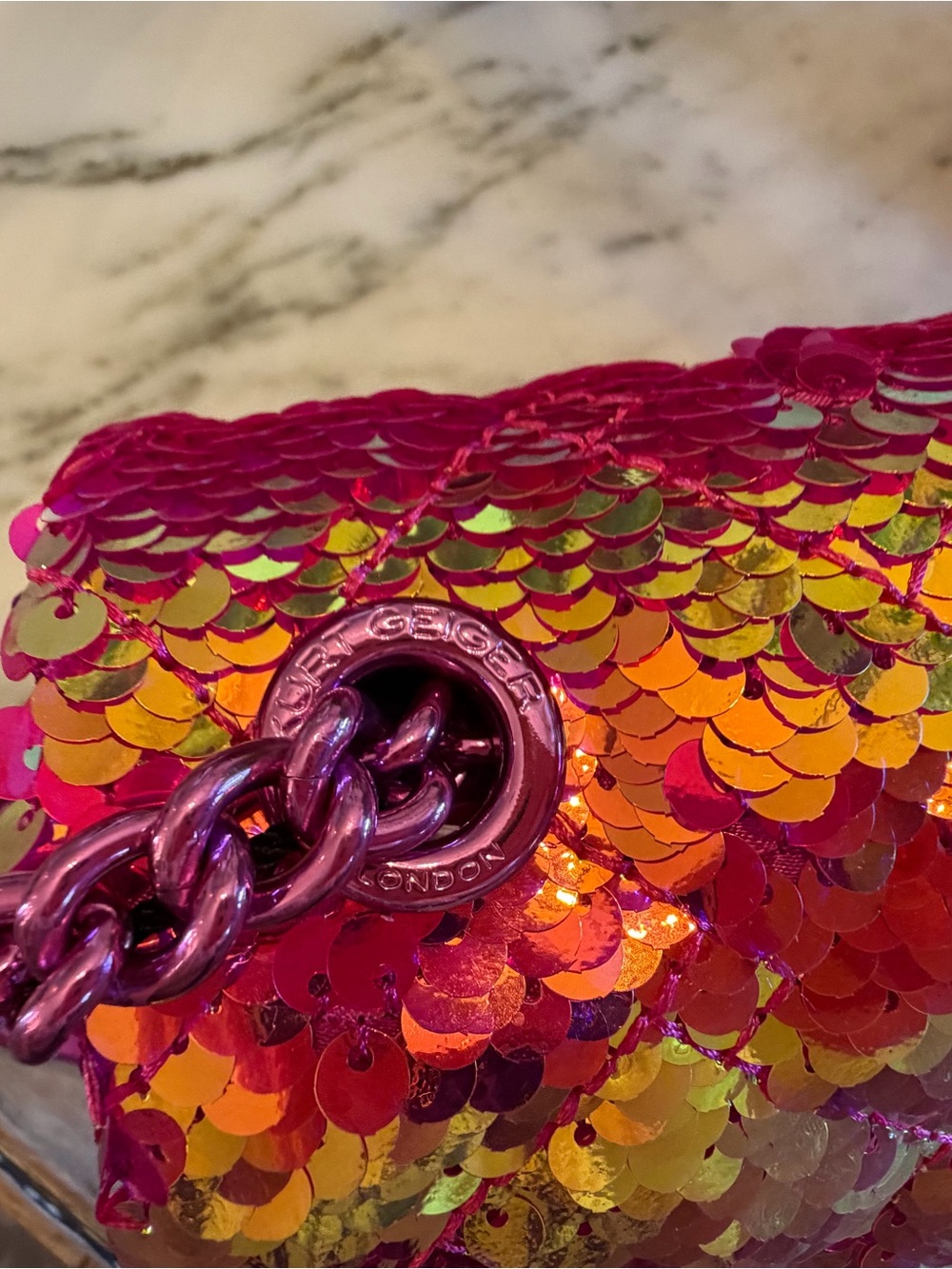 Kurt Geiger Kensington Fuchsia Pink and Gold Sequin Chain Crossbody Bag - Picture 7 of 13